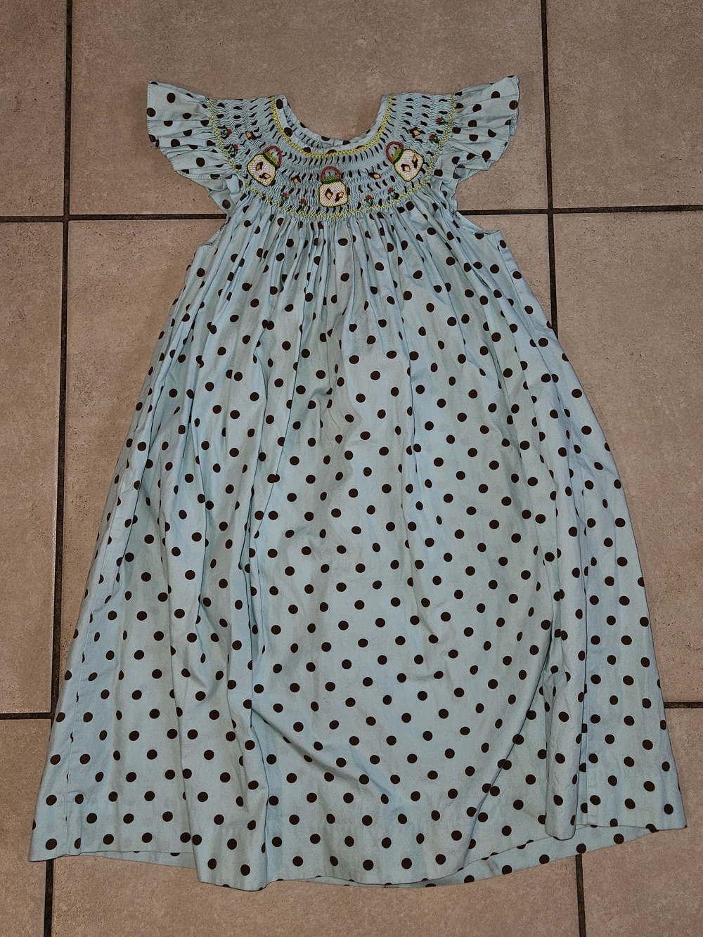 Light Blue Polka Dot Smocked Girls' Dress with Flutter Sleeves